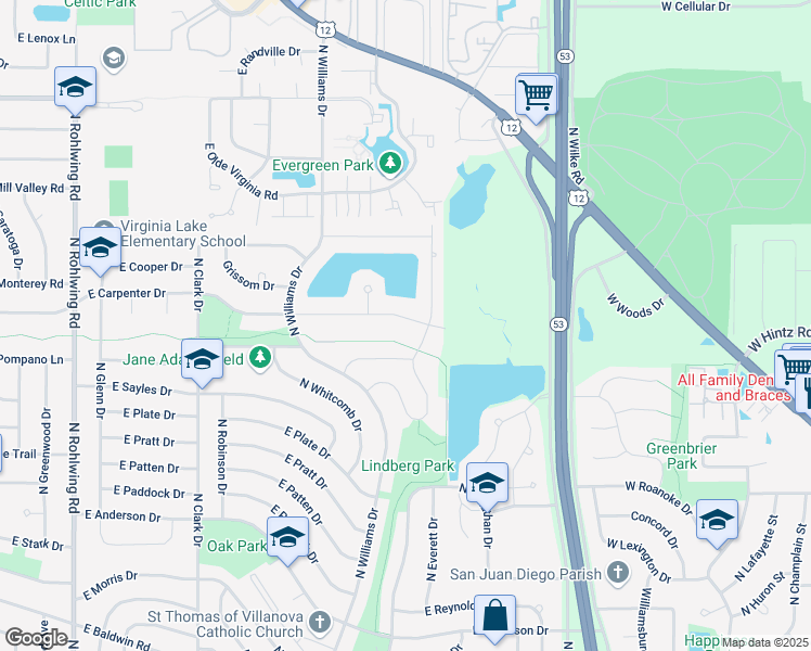 map of restaurants, bars, coffee shops, grocery stores, and more near 1308 East Thurston Drive in Palatine