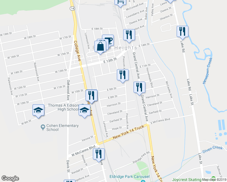 map of restaurants, bars, coffee shops, grocery stores, and more near 125 East 9th Street in Elmira