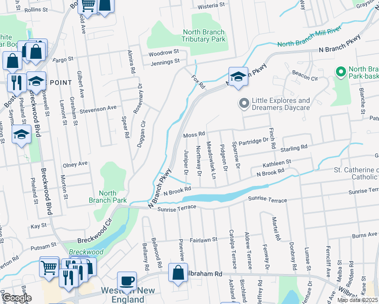map of restaurants, bars, coffee shops, grocery stores, and more near 35 Juniper Drive in Springfield