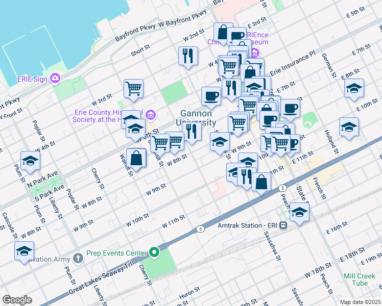 map of restaurants, bars, coffee shops, grocery stores, and more near 300 West 8th Street in Erie