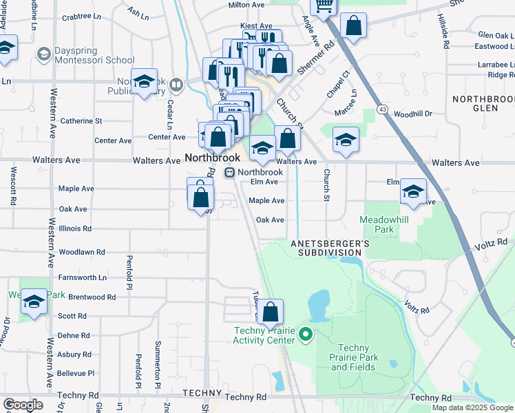 map of restaurants, bars, coffee shops, grocery stores, and more near 1837 Maple Avenue in Northbrook