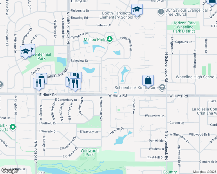 map of restaurants, bars, coffee shops, grocery stores, and more near 1538 Buxton Court in Wheeling