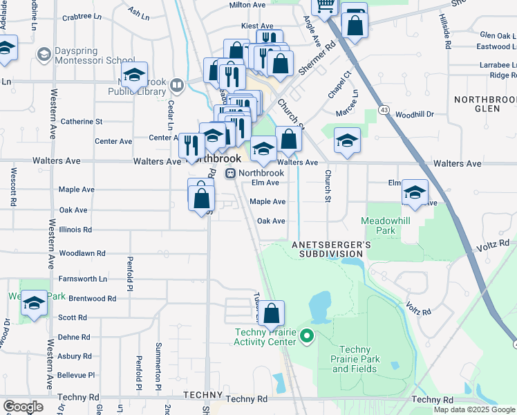 map of restaurants, bars, coffee shops, grocery stores, and more near 1837 Maple Avenue in Northbrook