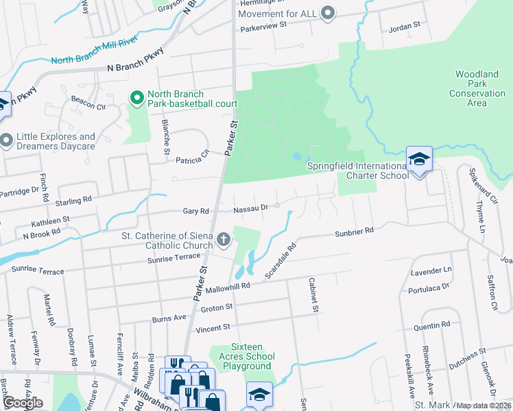 map of restaurants, bars, coffee shops, grocery stores, and more near 200 Nassau Drive in Springfield