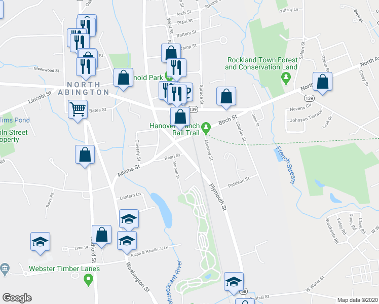 map of restaurants, bars, coffee shops, grocery stores, and more near 81 Birch Street in Abington