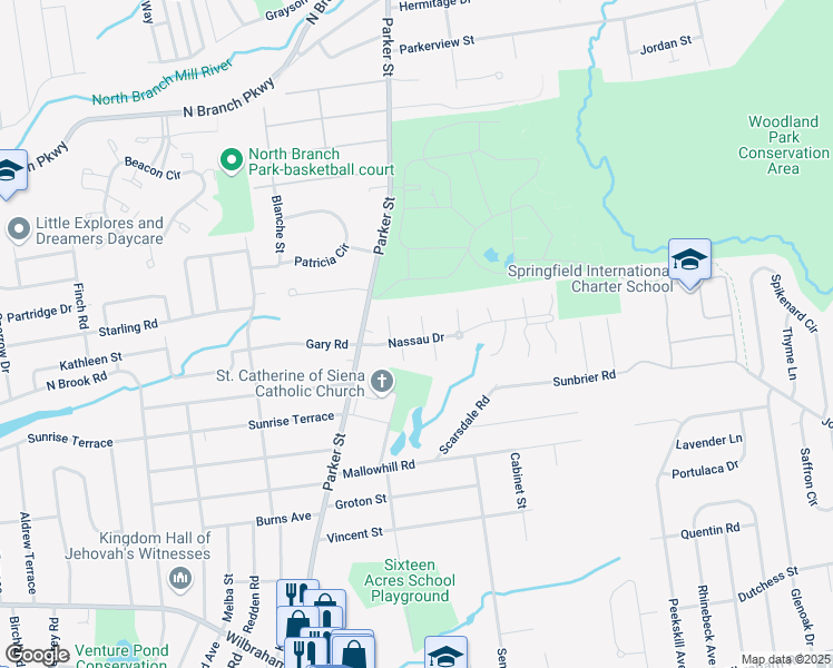 map of restaurants, bars, coffee shops, grocery stores, and more near 200 Nassau Drive in Springfield
