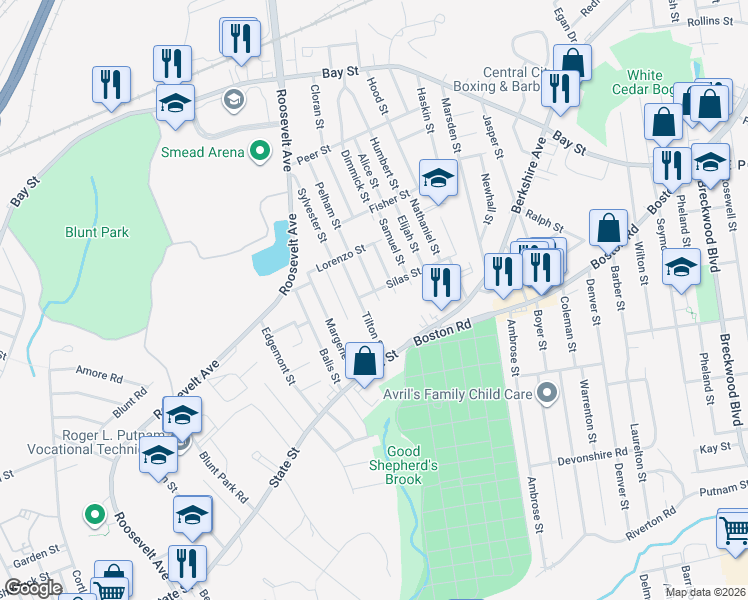 map of restaurants, bars, coffee shops, grocery stores, and more near 84 Leavitt Street in Springfield