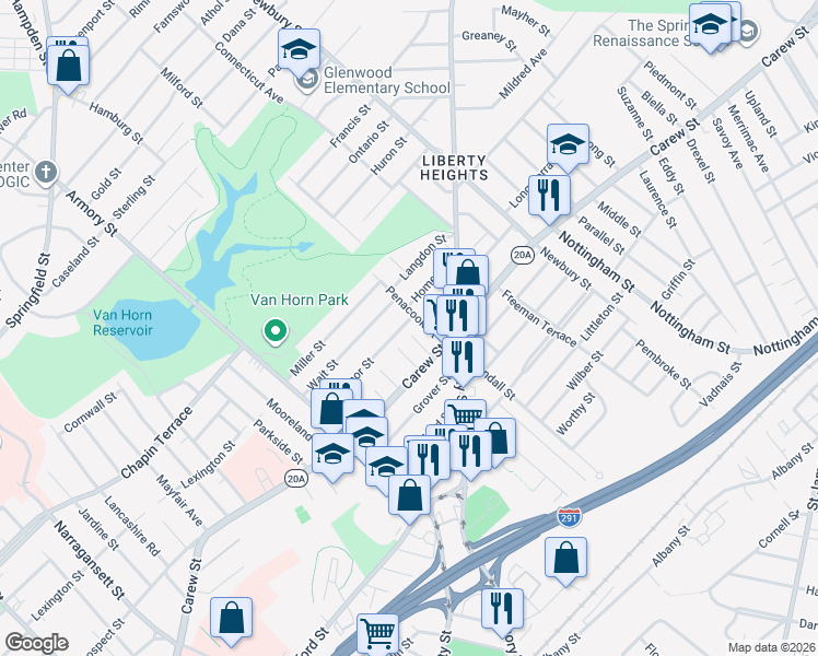 map of restaurants, bars, coffee shops, grocery stores, and more near 4 Home Street in Springfield
