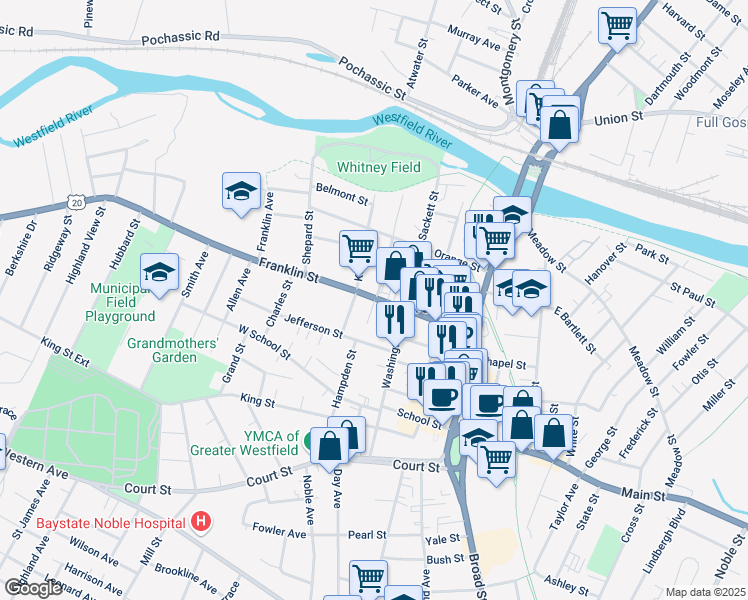 map of restaurants, bars, coffee shops, grocery stores, and more near 71 Franklin Street in Westfield