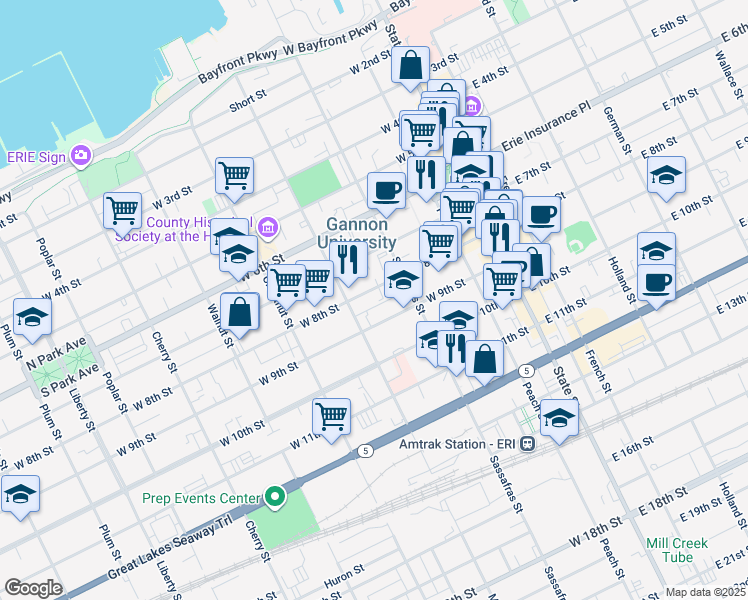 map of restaurants, bars, coffee shops, grocery stores, and more near 248 West 8th Street in Erie