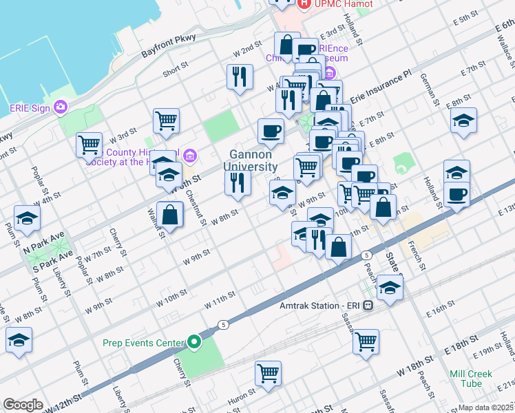 map of restaurants, bars, coffee shops, grocery stores, and more near 248 West 8th Street in Erie