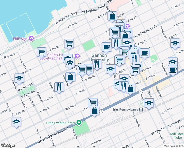 map of restaurants, bars, coffee shops, grocery stores, and more near 309 West 7th Street in Erie