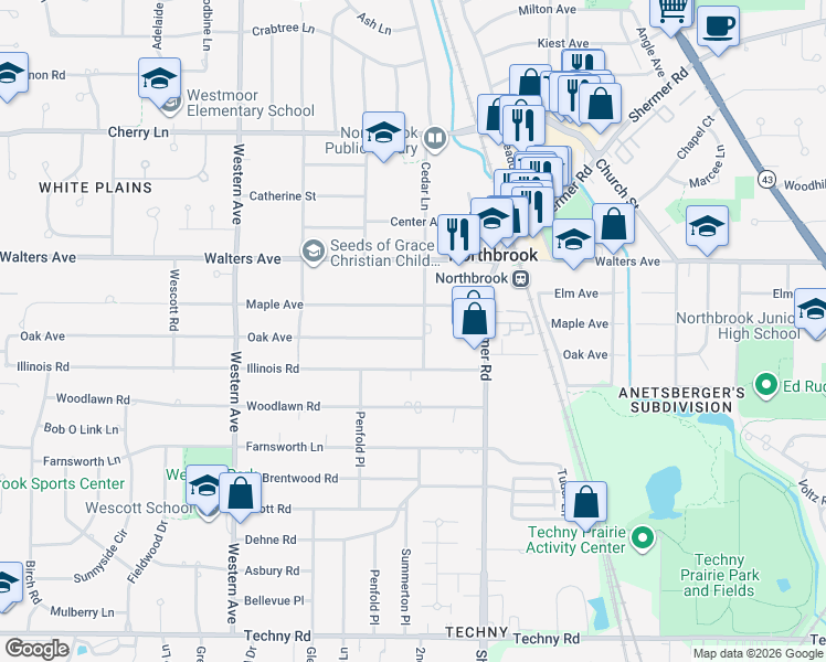 map of restaurants, bars, coffee shops, grocery stores, and more near 2117 Maple Avenue in Northbrook