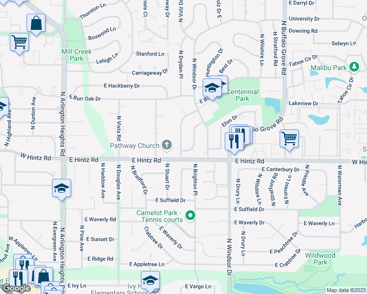 map of restaurants, bars, coffee shops, grocery stores, and more near 2728 North Dryden Place in Arlington Heights