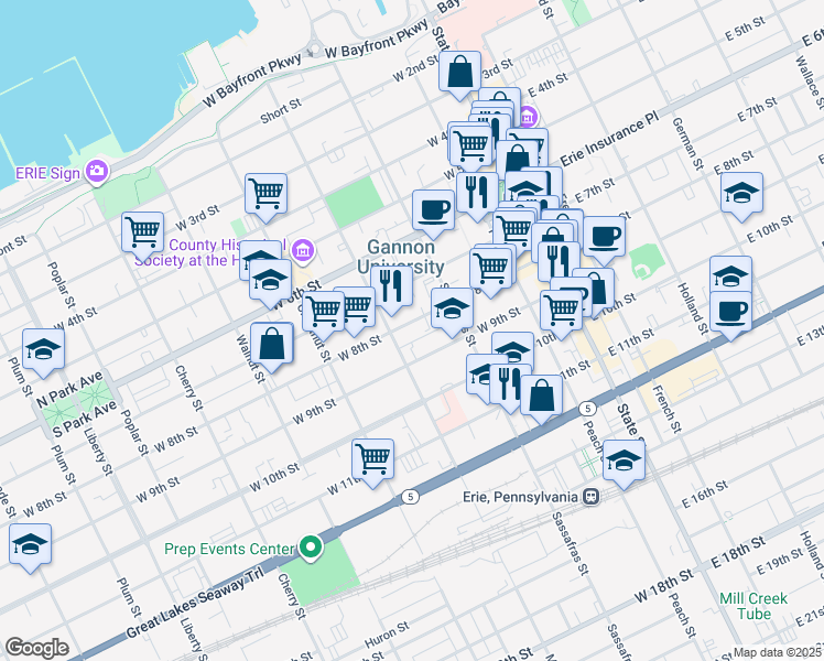 map of restaurants, bars, coffee shops, grocery stores, and more near 248 West 8th Street in Erie