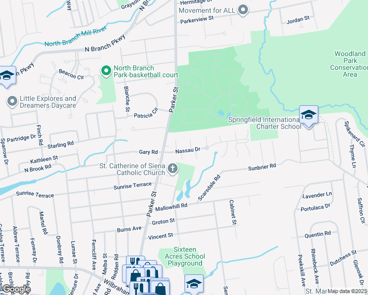 map of restaurants, bars, coffee shops, grocery stores, and more near 170 Nassau Drive in Springfield
