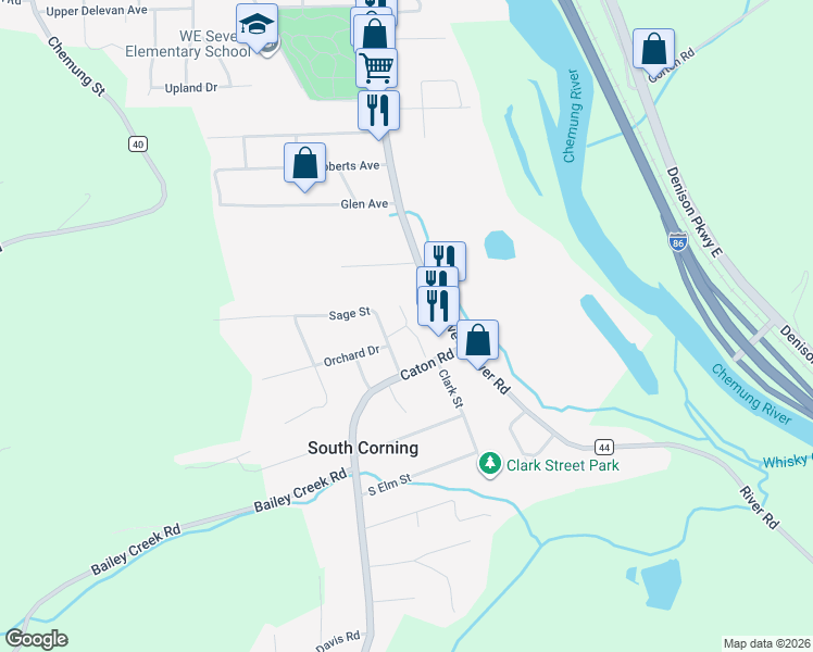 map of restaurants, bars, coffee shops, grocery stores, and more near 44 Emily Drive in South Corning