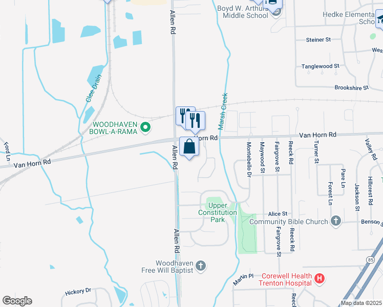 map of restaurants, bars, coffee shops, grocery stores, and more near 25101 Allen Road in Woodhaven