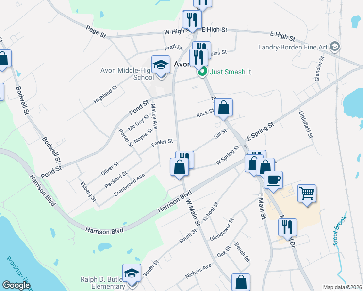 map of restaurants, bars, coffee shops, grocery stores, and more near 396 West Main Street in Avon