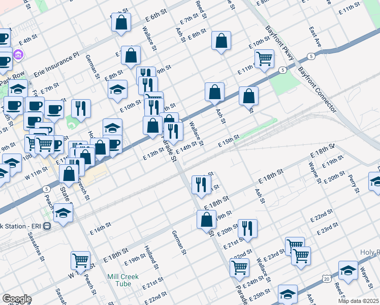 map of restaurants, bars, coffee shops, grocery stores, and more near in Erie