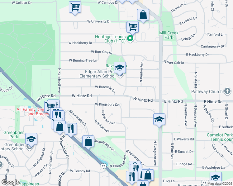 map of restaurants, bars, coffee shops, grocery stores, and more near 320 West Braeside Drive in Arlington Heights