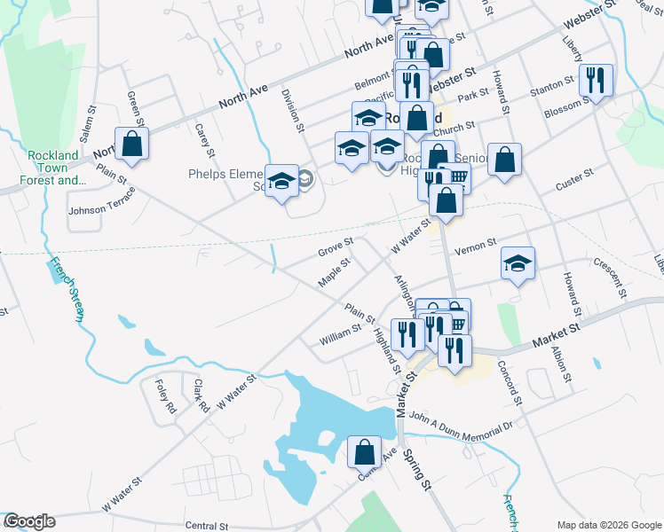 map of restaurants, bars, coffee shops, grocery stores, and more near 40 Monroe Street in Rockland