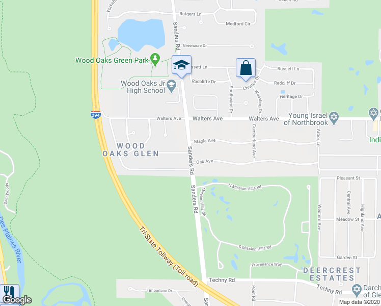 map of restaurants, bars, coffee shops, grocery stores, and more near Sanders Road in Northbrook