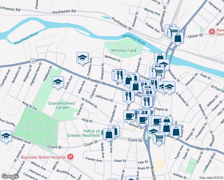 map of restaurants, bars, coffee shops, grocery stores, and more near 87 Franklin Street in Westfield