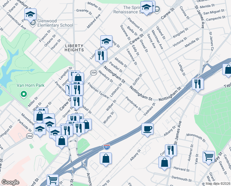 map of restaurants, bars, coffee shops, grocery stores, and more near 191 Phoenix Terrace in Springfield