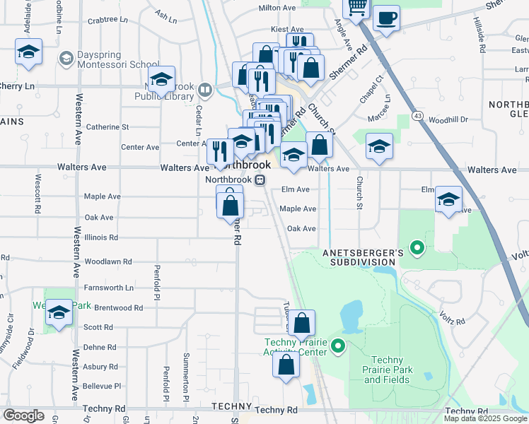 map of restaurants, bars, coffee shops, grocery stores, and more near 1499 Shermer Road in Northbrook