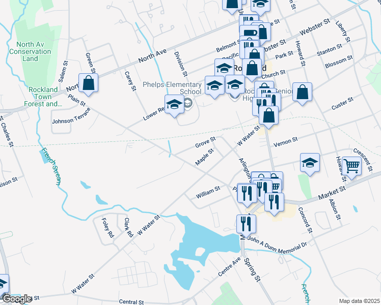 map of restaurants, bars, coffee shops, grocery stores, and more near 51 Maple Street in Rockland