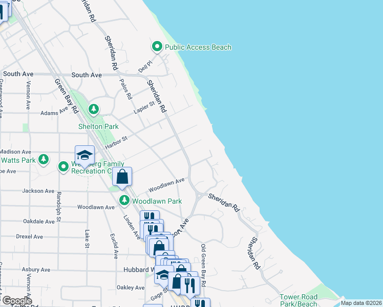 map of restaurants, bars, coffee shops, grocery stores, and more near 199 Sheridan Road in Winnetka