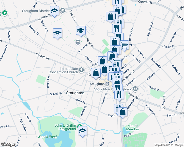 map of restaurants, bars, coffee shops, grocery stores, and more near 122 School Street in Stoughton