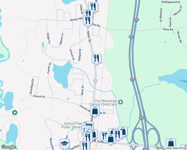 map of restaurants, bars, coffee shops, grocery stores, and more near 386 Main Street in Oxford