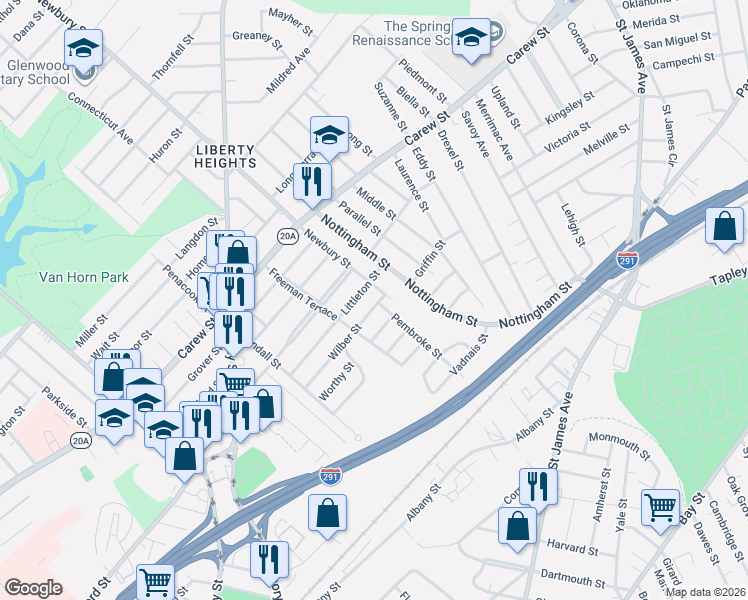 map of restaurants, bars, coffee shops, grocery stores, and more near 310 Nottingham Street in Springfield
