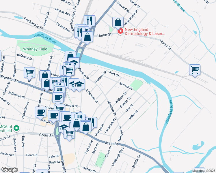 map of restaurants, bars, coffee shops, grocery stores, and more near 14 Saint Paul Street in Westfield