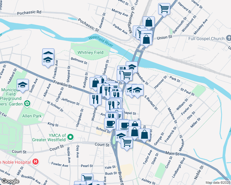 map of restaurants, bars, coffee shops, grocery stores, and more near 29 Maple Street in Westfield