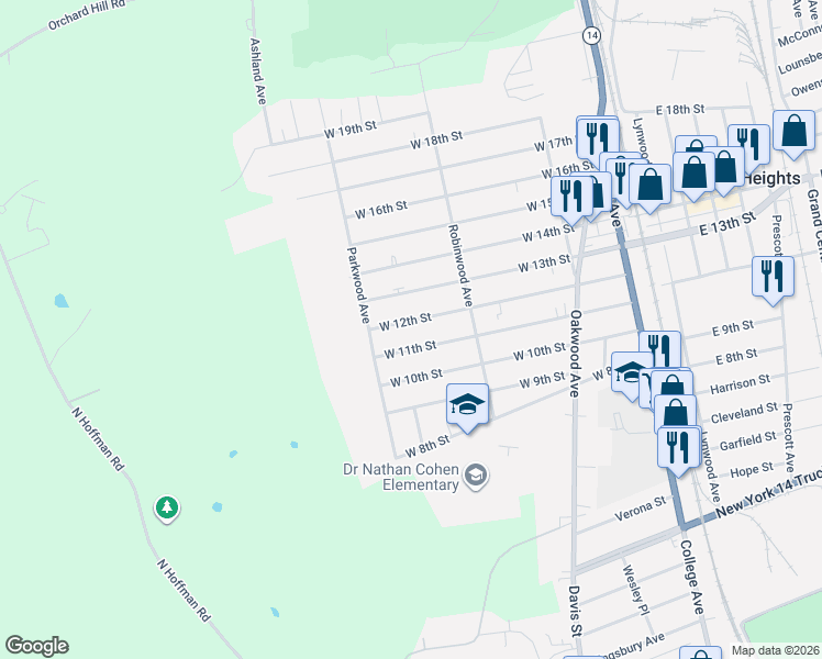 map of restaurants, bars, coffee shops, grocery stores, and more near 273-277 West 13th Street in Elmira Heights