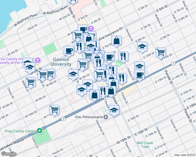 map of restaurants, bars, coffee shops, grocery stores, and more near 900 State Street in Erie