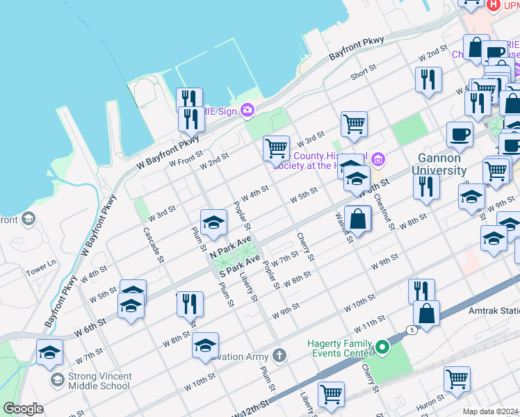 map of restaurants, bars, coffee shops, grocery stores, and more near in Erie