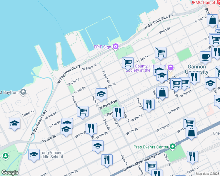 map of restaurants, bars, coffee shops, grocery stores, and more near in Erie