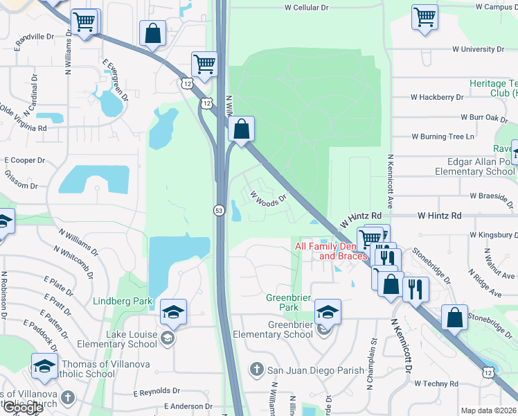 map of restaurants, bars, coffee shops, grocery stores, and more near 1601 West Woods Drive in Arlington Heights