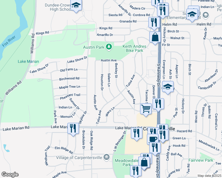 map of restaurants, bars, coffee shops, grocery stores, and more near 811 Salem Lane in Carpentersville