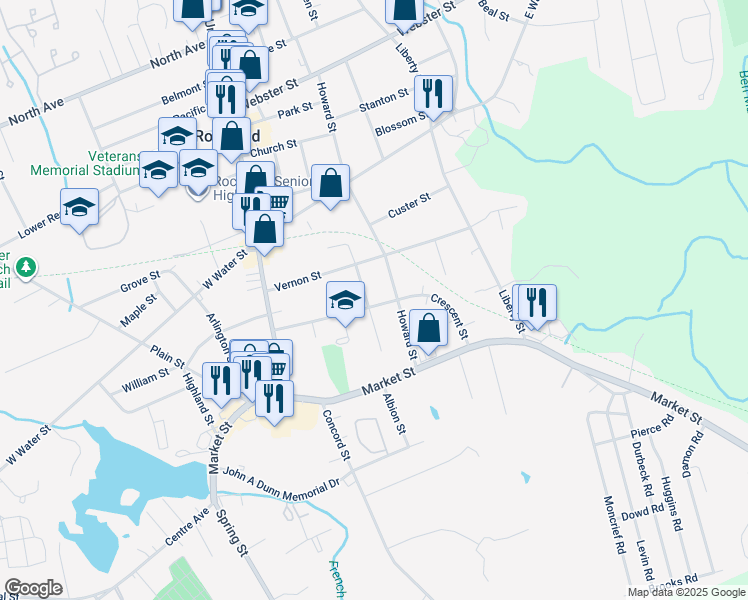 map of restaurants, bars, coffee shops, grocery stores, and more near 44 George Street in Rockland