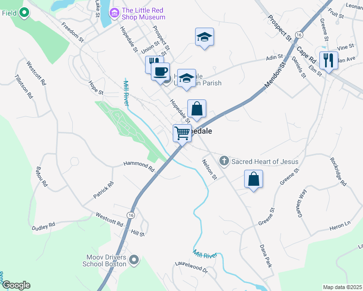 map of restaurants, bars, coffee shops, grocery stores, and more near 127 Mendon Street in Hopedale