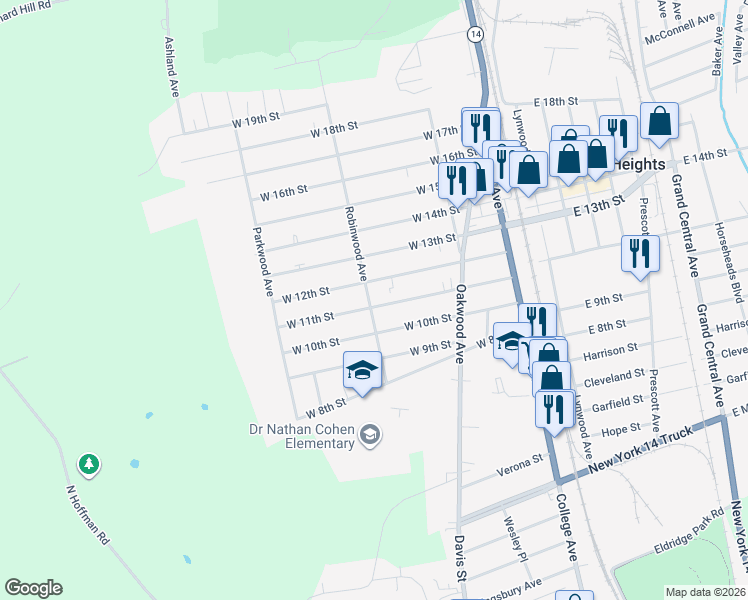 map of restaurants, bars, coffee shops, grocery stores, and more near 251 West 12th Street in Elmira Heights