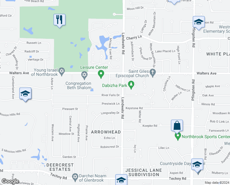 map of restaurants, bars, coffee shops, grocery stores, and more near 3224 River Falls Drive in Northbrook