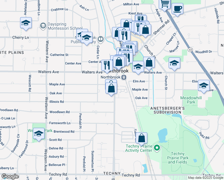 map of restaurants, bars, coffee shops, grocery stores, and more near 1442 Shermer Road in Northbrook