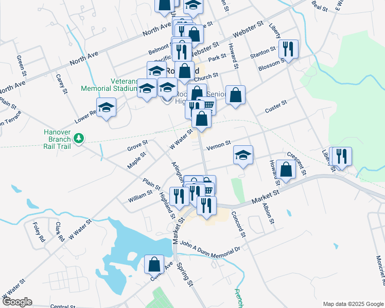 map of restaurants, bars, coffee shops, grocery stores, and more near 132 Union Street in Rockland