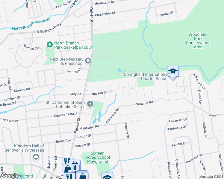 map of restaurants, bars, coffee shops, grocery stores, and more near 196 Nassau Drive in Springfield